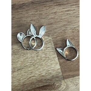 Bunny Mouse and Cat Ears Ring Set Size 6 Silver Tone